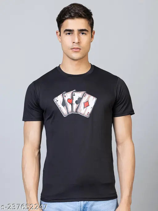 Lightweight Lycra, printed summer trendy Magknit round neck t-shirt for men on casual display