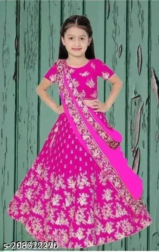 Embroidered taffeta silk girls' lehenga set with net dupatta, short sleeves, India origin