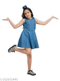Denim fit flare buttoned front sleeveless dress, 100% cotton for girls ages 3-14 years, affordable & pocket-friendly, suitable for special occasions