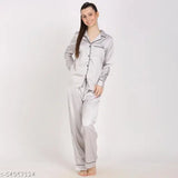 Silver solid print pattern V-neck women's night suit set (XS-XXXL), Indian satin fabric for comfortable lounge wear