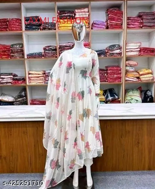 white printed georgette kurtis, Indian long-sleeved dress with intricate prints, fashionable women's clothing on hanger