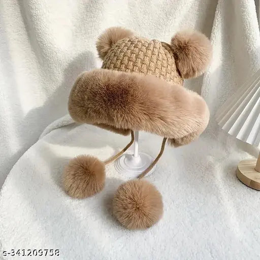 Womens winter hat, warm woolen beanie, thick fleece neck warmer, scarf set, skull cap with face cover, monkey cap, girls stylish winter outdoor fashion cap, free size beige