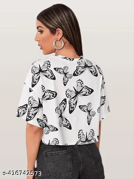 Polycotton butterfly printed long-sleeved crop top for women, stylish and versatile, suitable for various occasions, Indian origin