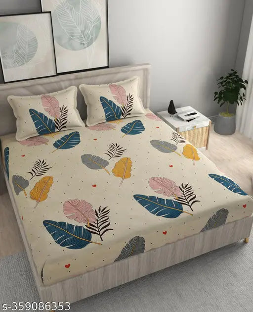Alpha Home Microfiber Fitted Double Queen Bedsheet with 2 Pillow Covers, botanical print on 68" mattress (70x76), suitable for heavy winter, adult use