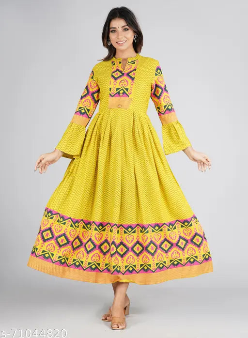 Lime rayon printed Anarkali kurti, three-quarter sleeve length, beautiful Indian traditional wear for women on mannequin