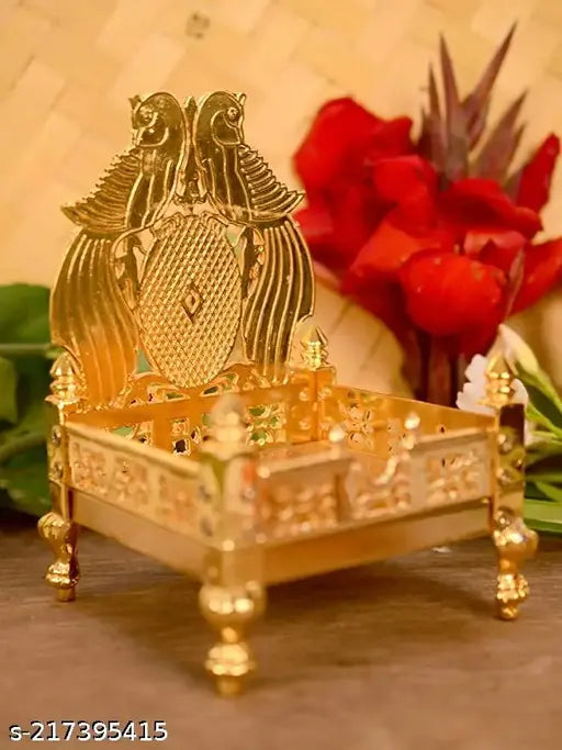 Golden metal Singhasan for Laddu Gopal Krishna decor, handmade in India, 11cm x 11cm x 14cm