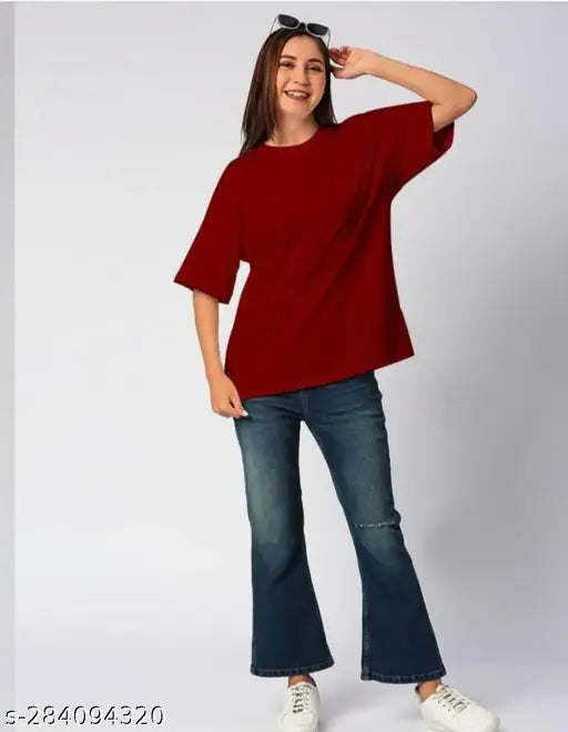 DNV OVERSIZE MAROON PLAIN T-SHIRT FOR WOMEN