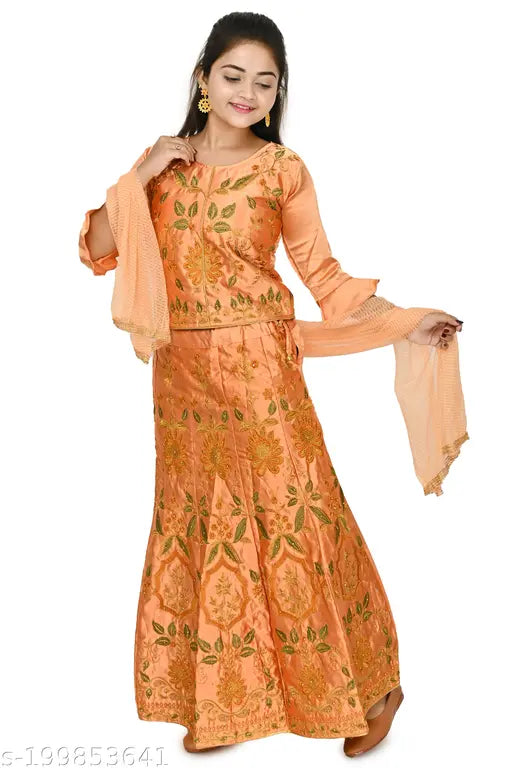 Trending satin and net embellished lehenga-choli set for girls, ages 2-16, traditional Indian bridal wear with embroidered patterns and three-quarter sleeves