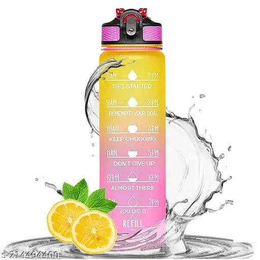 Pink & blue 1L water bottle with time markers, leakproof lid, durable design for gym & office.