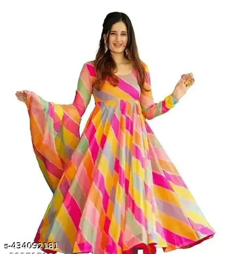 Women's Georgette Printed Leheriya Long Gown with Dupatta - Breathable, soft & warm Indian ethnic wear for parties and festivals