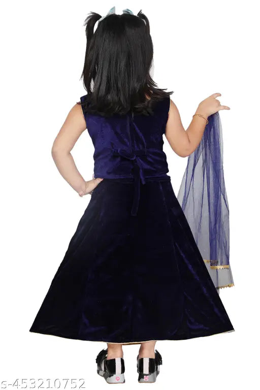 Navy Blue Embroidered Velvet Kid's Lehenga Choli with Net Dupatta - Perfect for parties or special occasions