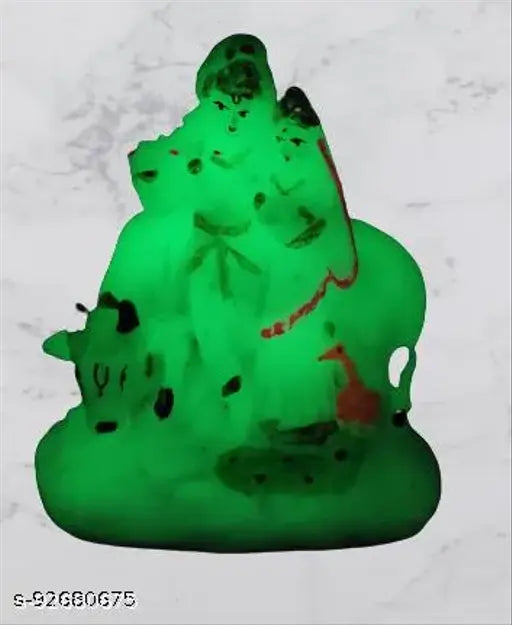 Oxide metal Radium Radha Krishna with glow-in-dark cow for home decor, six pieces showpiece gift from India