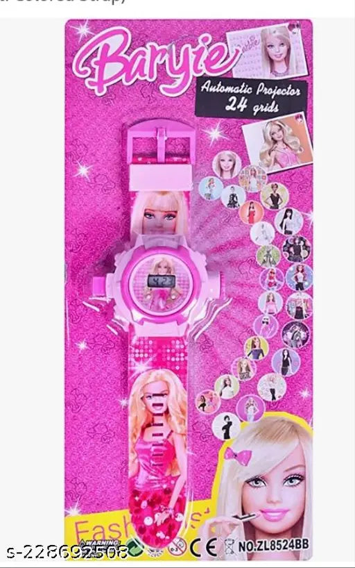 Pink plastic Barbie watch with detachable straps, featuring Cartoon galaxy design and 12 customizable cartoon characters