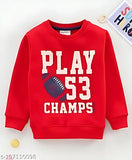 Printed cotton blend long-sleeve sweater for kids, fashionable style on model (3-4Y: 13in x 17in, 4-5Y: 14in x 18in, 5-6Y: 15in x 19in, 6-7Y: 15in x 19in)