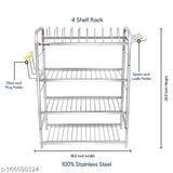 Four-shelf stainless steel wall mount dish rack for kitchen utensils and plates, cutlery holder, glassware holder, 24 x 18 inches