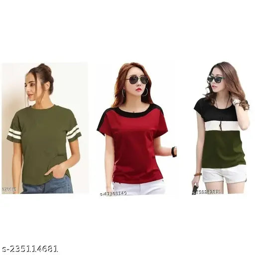 Maroon and olive green designer party wear color block half sleeve t-shirts for women and girls (set of 3), cotton blend, short sleeves, stylish and trendy women's top from WARP AND WEFT, made in India
