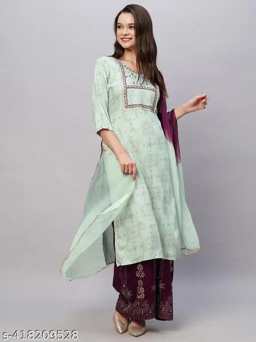 Rayon Grey Kiana Women's Foil Print Round Kurta Sets - 3-piece pack with embroidered net motifs on Palazzos, L, XL, XXL