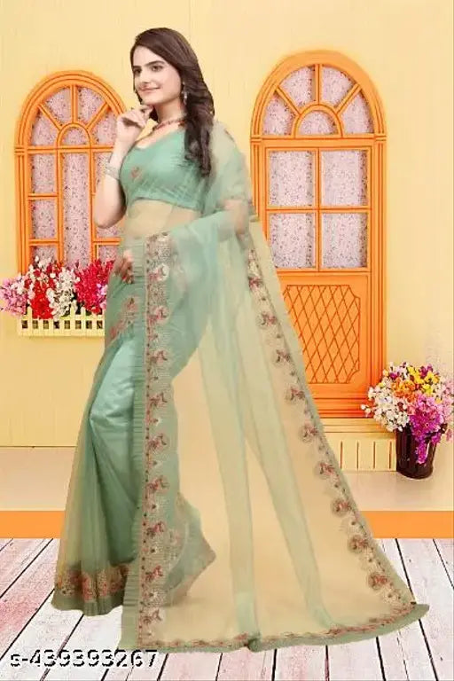 Luxurious diamond-work saree in Super Net fabric, featuring a separate net blouse