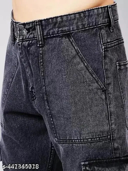 Dark blue denim men's slim fit jeans with six pockets