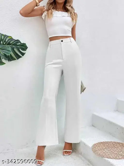 White cotton blend women's regular fit full length trousers