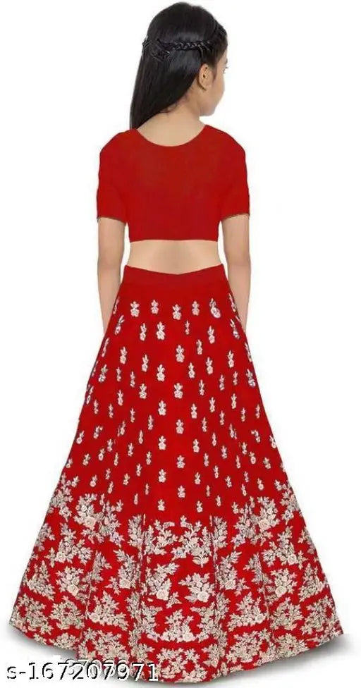 Red silk lehenga choli with short sleeves, embroidered pattern. Traditional Indian children's outfit made from net dupatta." (120 characters)