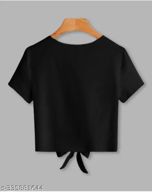 Black knot crop top t-shirt, women's lycra, short sleeves, three butterfly printed