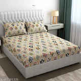 Off-white botanical print, 220TC supersoft premium cotton fitted bedsheets for double king bed with all-around elastic, 2 pillow covers included