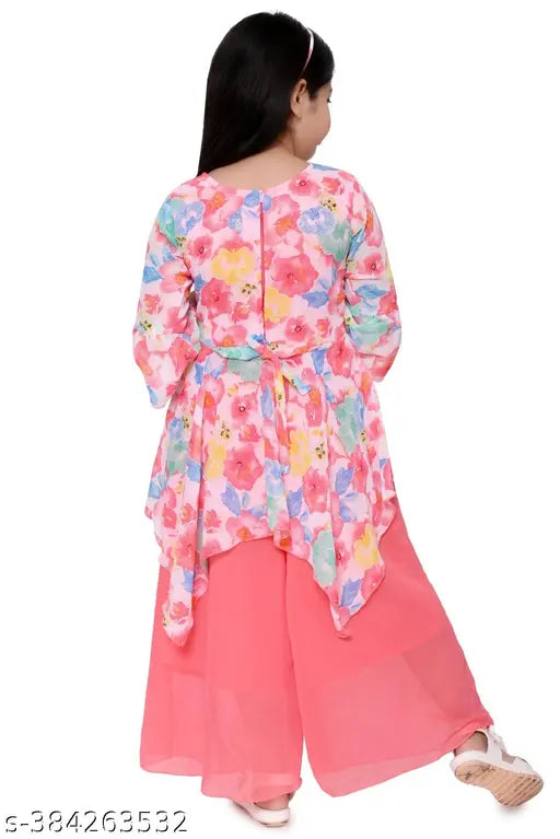 Pink chiffon girls Kurta & Palazzo set, A-line with three-quarter sleeves, knee length. Indian fashion for growing girls, size 4-12 years