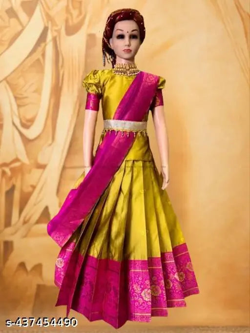 Kids designer pashmina lehenga saree in art silk and organza, short sleeved festive attire with zari woven patterns