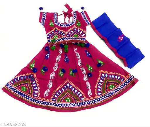Pink cotton printed traditional Lehanga Choli set for baby girls, featuring ethnic motif and short sleeves, available in various sizes from 6-24 months