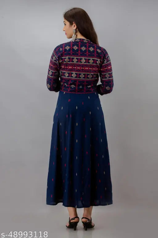 Blue printed rayon Anarkali Kurta with detachable jacket and three-quarter sleeves, Indian women's fashion on mannequin