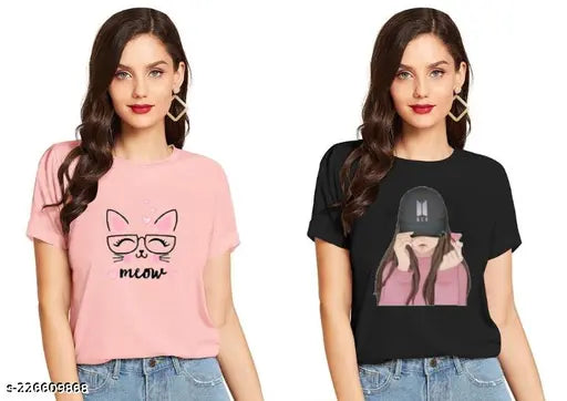 CINTIA Women's & Girls Printed Cotton T-shirt Combo (2 Pack), MEOW and BTS Girl design, short sleeves, S-XL