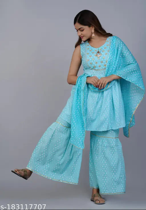 Blue embroidered kurta and sharara set, featuring dupatta and palazzo pants, women's fashionable attire