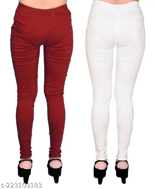 Maroon & White stretchable Lycra jeggings pack for women (2pc), comfortable cotton blend with side pockets