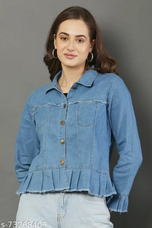 Stylish denim jacket for women, solid color, long sleeves, size S (Bust 17in, Length 22in, Waist 16in, Hip 16in, Shoulder 14in), made in India