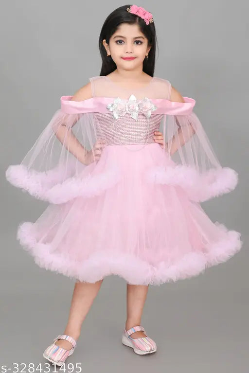 Pink net hanging sleeve knee-length dress for girls, embellished pattern, lightweight and comfortable, perfect for special occasions
