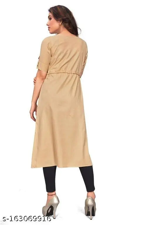 Printed cotton slub kurti with Pankh design, single-tone, short sleeves. Indian traditional wear on mannequin