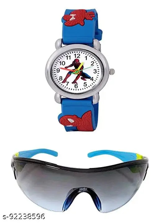 Blue strap kids watch with Spider-Man print, white dial, eye protected goggles