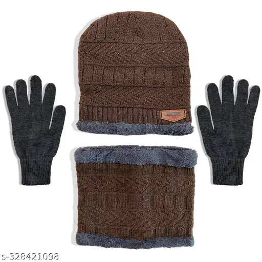 Winter skiing accessory set for cold weather, includes a brown knitted beanie and gloves