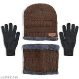 Winter skiing accessory set for cold weather, includes a brown knitted beanie and gloves