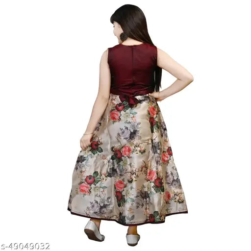 Silk printed net knee-length dress for girls' wedding party or birthday, size 6-12 years