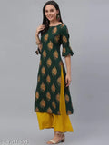 Rayon kurta set with printed net design, featuring three-quarter sleeves and matching palazzos in green and mustard yellow. Indian women's fashion