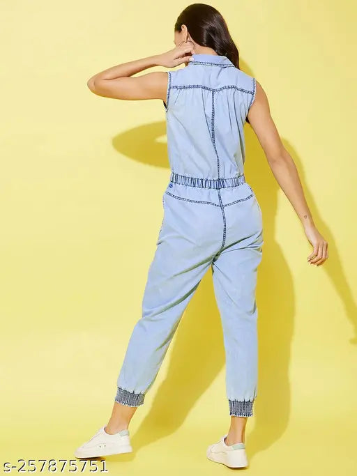 Solid blue denim sleeveless jumpsuit for women, StyleStone Women's jogger style on model