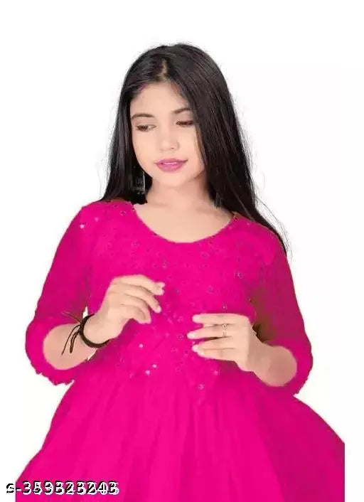 Ethnic Motifs solid ALine maxi dress with dupatta, net fabric, three-quarter sleeves. Indian ethnic gown for 9-10, 10-11, 11-12, 12-13, 13-14, 14-15 years kids party wear. Celebrate heritage in georgette long gown. India origin