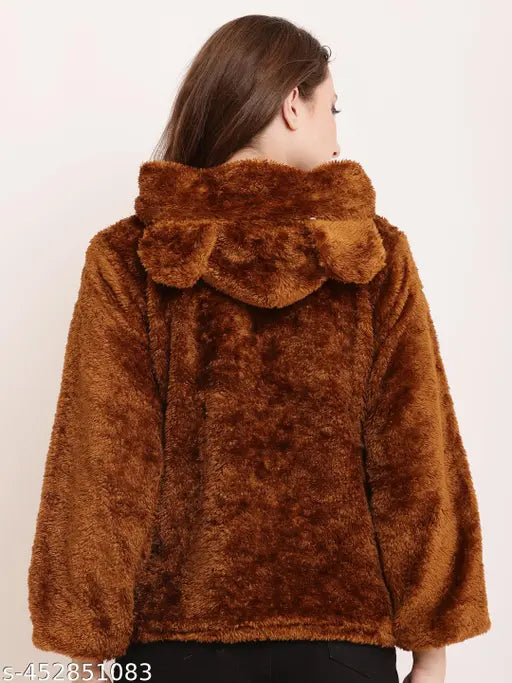 Black fur women's jacket (S-XL), soft and cozy winter wear with long sleeves