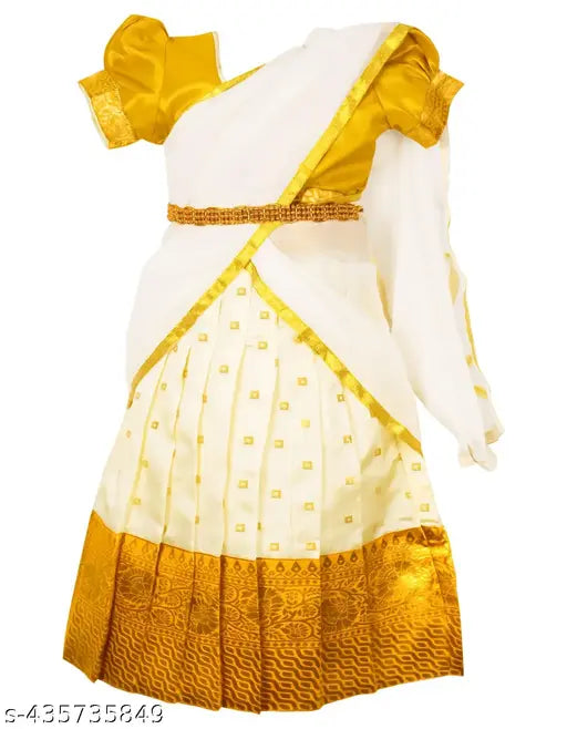 Girls Kids Kerala Onam Lehenga Choli Set - White Art Silk with Georgette Dupatta, embellished & zari stitched, perfect for festive occasions