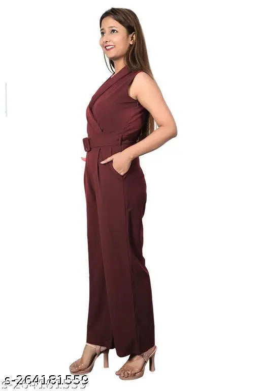 Maroon solid jumpsuit for ladies, handcrafted polyester jumpsuit with sleeveless design, Zenday casual wear on model