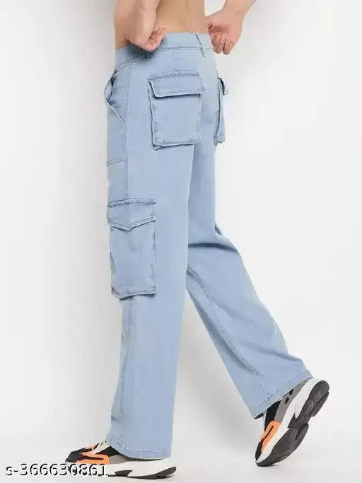 Light blue denim men's cargo jeans with baggy pockets, size 28/30/32 from India