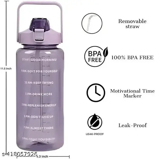 2Liter Sports Spill-Proof with Time Marking Transparent Water Bottle 2000 ml Bottle (Pack of 1, Multicolor, Silicone)