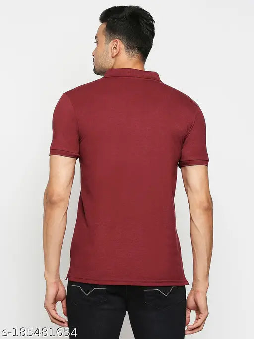 Maroon cotton blend polo neck t-shirt for men, solid plain design from India